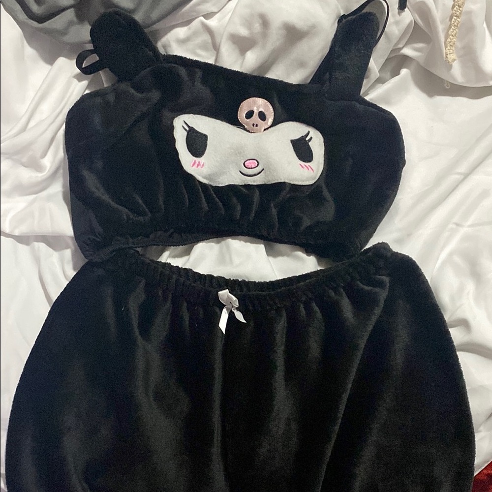 Black Velvet Two-Piece Set with Cute Kuromi Face Design